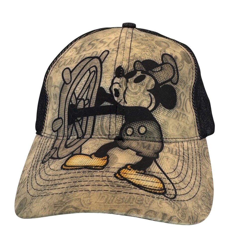 Disney‎ Steamboat Willie Mickey Mouse Hat Denim Walt Disney World Black Tan OSFM